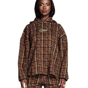 Plaid Hooded Sweatsuit Set in Brown Multi - IAGIA